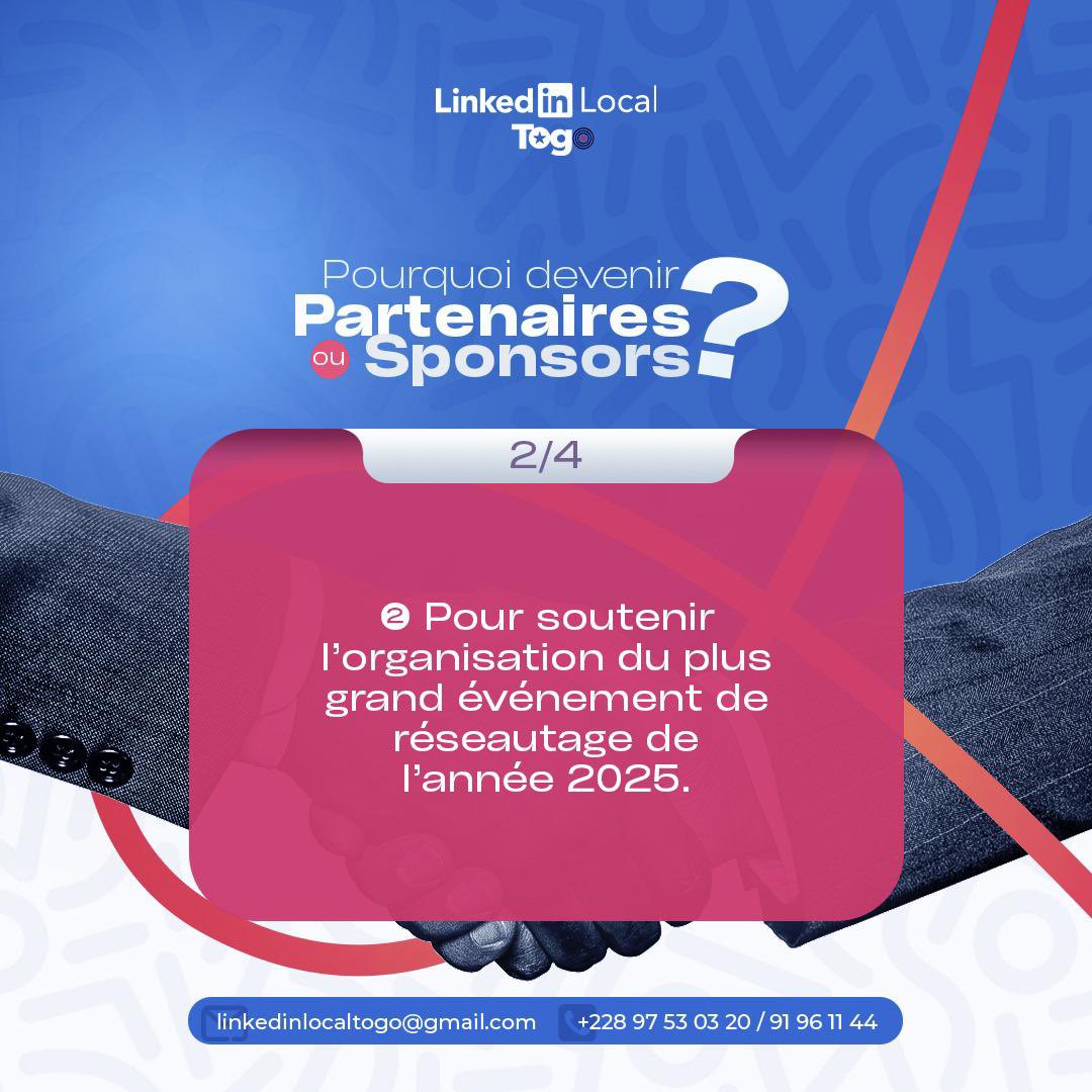 LinkedlnTg's tweet photo. Nous poursuivons avec la rubrique :

*POURQUOI DEVENIR PARTENAIRE ou SPONSOR DE LA PREMIÈRE ÉDITION DU LINKEDIN LOCAL TOGO 🇹🇬❓*

2️⃣ Pour soutenir l’organisation du plus grand événement de réseautage de l’année 2025. 

https://t.co/2WD5fL3dYW

#LinkedInLocalTogo #Partenariat https://t.co/Je6ik3l5PB