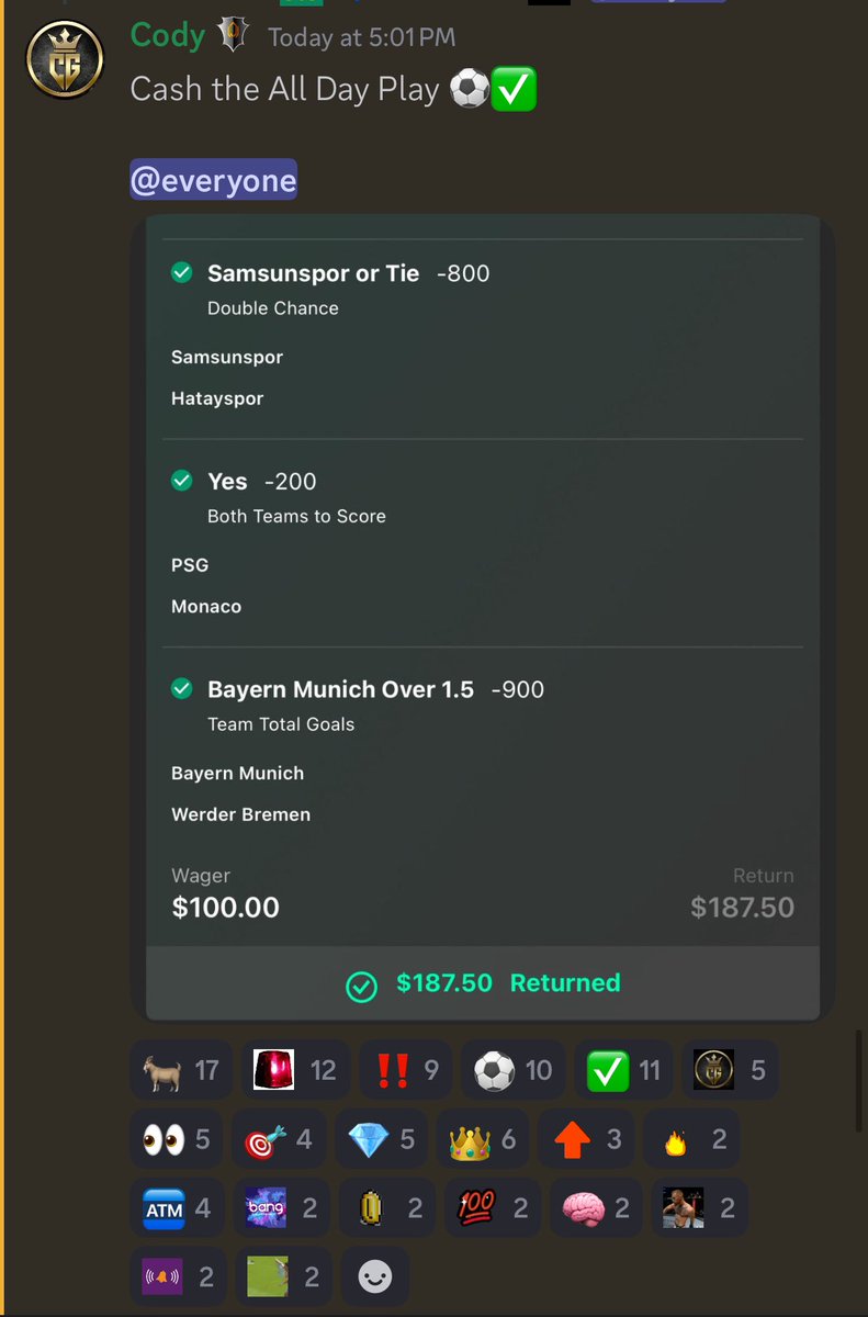 7 Soccer Wins to start the day ⚽️✅🔥

Musiala x Dembele (+120) ✅
PSG SGP (+128) ✅
SGP+ (-115) ✅
Kane SGP ✅
Marius Goal (+185) ✅
SGP+ (-125) ✅
Porto/Sporting BTTS ✅

📱🔗 marcusbeau.com