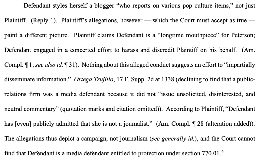 The full order clears up a few things.

1) Milagro is NOT a journalist

"The allegations thus depict a campaign, not journalism, and the Court cannot find that Defendant is a media defendant entitled to protection under section 770.01.6" documentcloud.org/documents/2551…