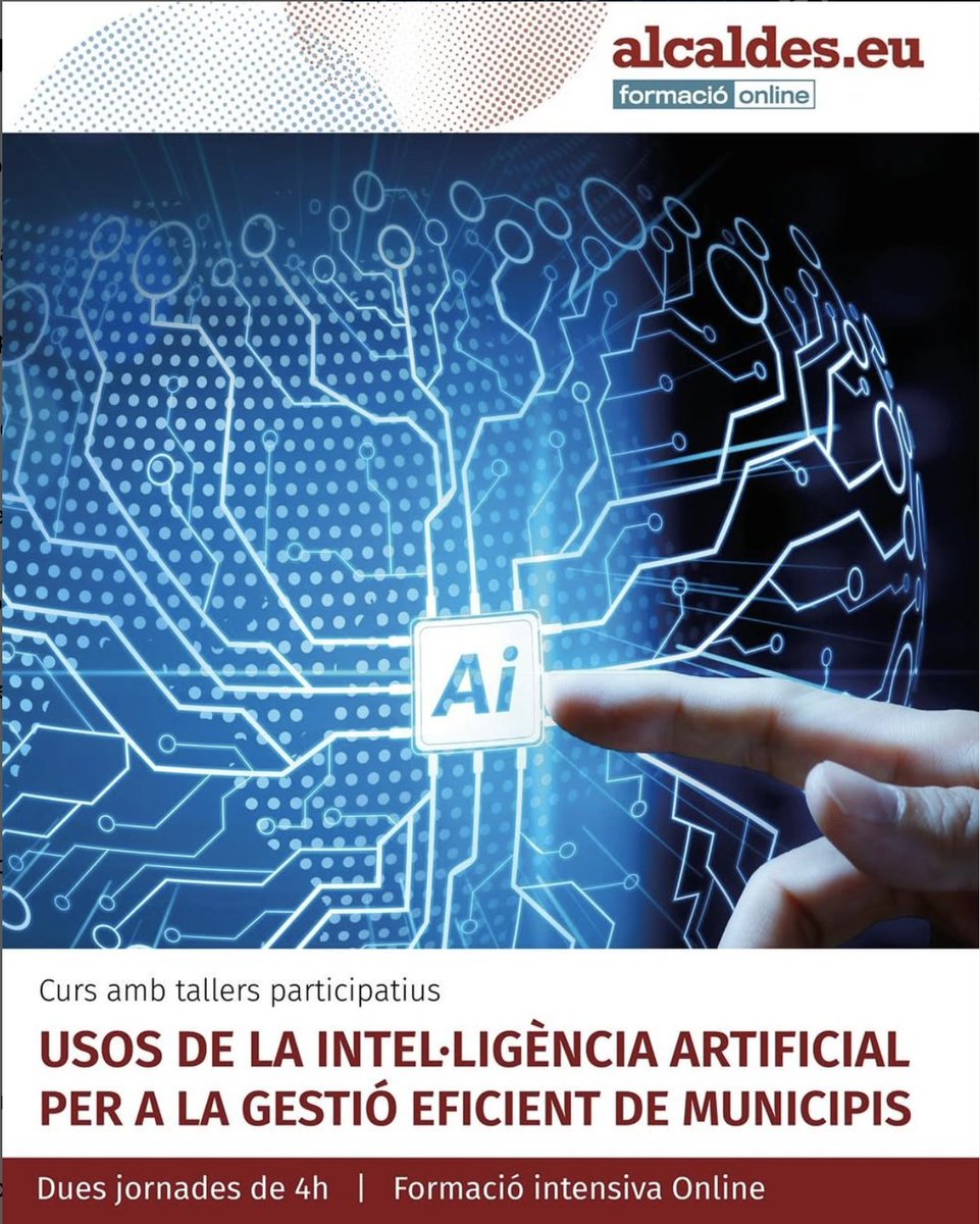 📢 𝗧𝗿𝗮𝗻𝘀𝗳𝗼𝗿𝗺𝗮 𝗹𝗮 𝗴𝗲𝘀𝘁𝗶𝗼́ 𝗱𝗲𝗹 𝘁𝗲𝘂 𝗮𝗷𝘂𝗻𝘁𝗮𝗺𝗲𝗻𝘁 𝗮𝗺𝗯 𝗹𝗮 𝗶𝗻𝘁𝗲𝗹·𝗹𝗶𝗴𝗲̀𝗻𝗰𝗶𝗮 𝗮𝗿𝘁𝗶𝗳𝗶𝗰𝗶𝗮𝗹! 🤖✨
alcaldes.eu/cursos-usos-de…

𝗔𝗽𝘂𝗻𝘁𝗮’𝘁 𝗮𝗹 𝗖ur𝘀: Usos de la Intel·ligència Artificial per a la Gestió Eficient de Municipis
✅