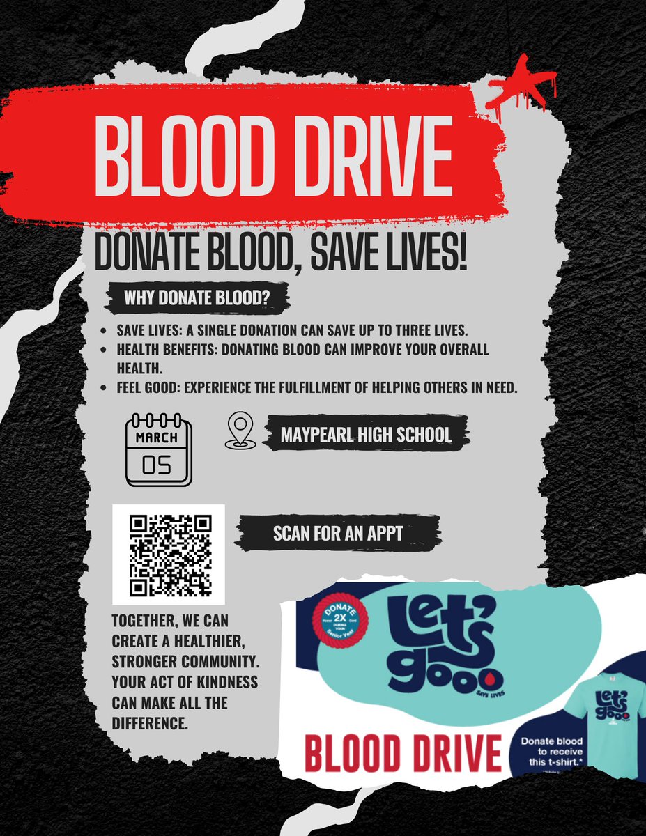 Maypearl High School is hosting a Blood Drive on Wednesday, March 5, 2025.

Please use the link or scan the QR code to sign up for an appointment.

Maypearl High School Blood Drive (click for appointment) 

The buses will be parked in front...
maypearlisd.org/post-details/~…