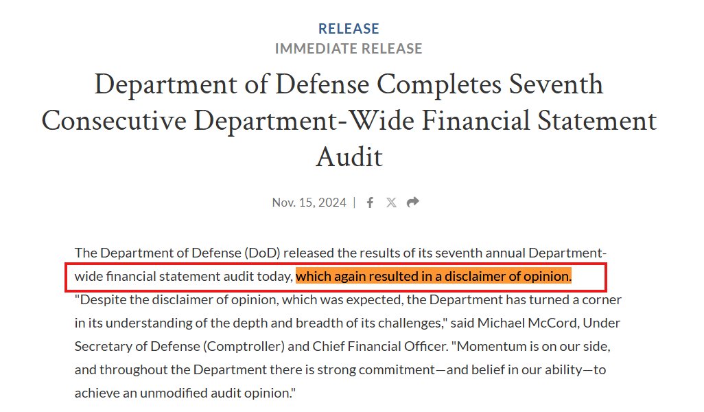 KobeissiLetter's tweet image. BREAKING: President Trump says Elon Musk and DOGE will be auditing spending by the US Pentagon.

The US Pentagon just failed its 7th audit in a row, unable to fully account for its $824 billion budget.

Last year, the Pentagon couldn’t properly account for a whopping 63% of its…