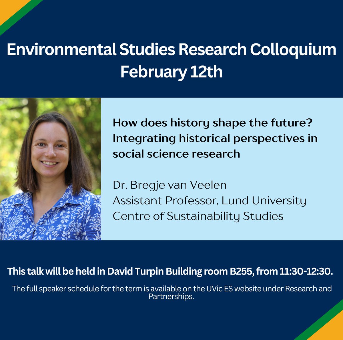 How does history shape the future?

Join Dr. Bregje van Veelen at our WEDNESDAY #UVicENVI seminar as she explores how historical perspectives can enrich social science research—using insights from low-carbon transitions to show how history shapes expectations of change.