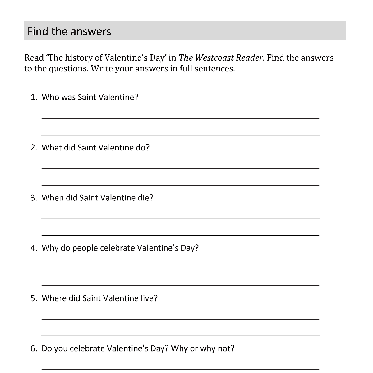 ❤ Learn about the history of #ValentinesDay in a Book Level 3 in the February issue of The WCR. 
✍️ Use the accompanying exercise from the February Teachers' Notes: thewestcoastreader.com/download/8556/…
📰 Subscribe to The Westcoast Reader newspaper for learners at: thewestcoastreader.com/newspapers