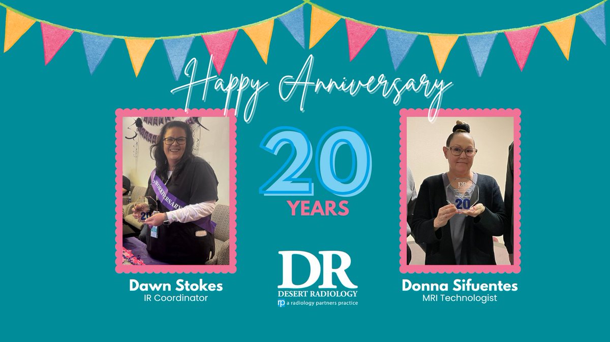 We’re thrilled to honor two incredible teammates—Dawn Stokes, Interventional Radiology Coordinator, and Donna Sifuentes, MRI Technologist—on their 20-year work anniversaries.
Congratulations Dawn and Donna! 👏👏 

#20YearsStrong #WeAreDR #DesertRadiology