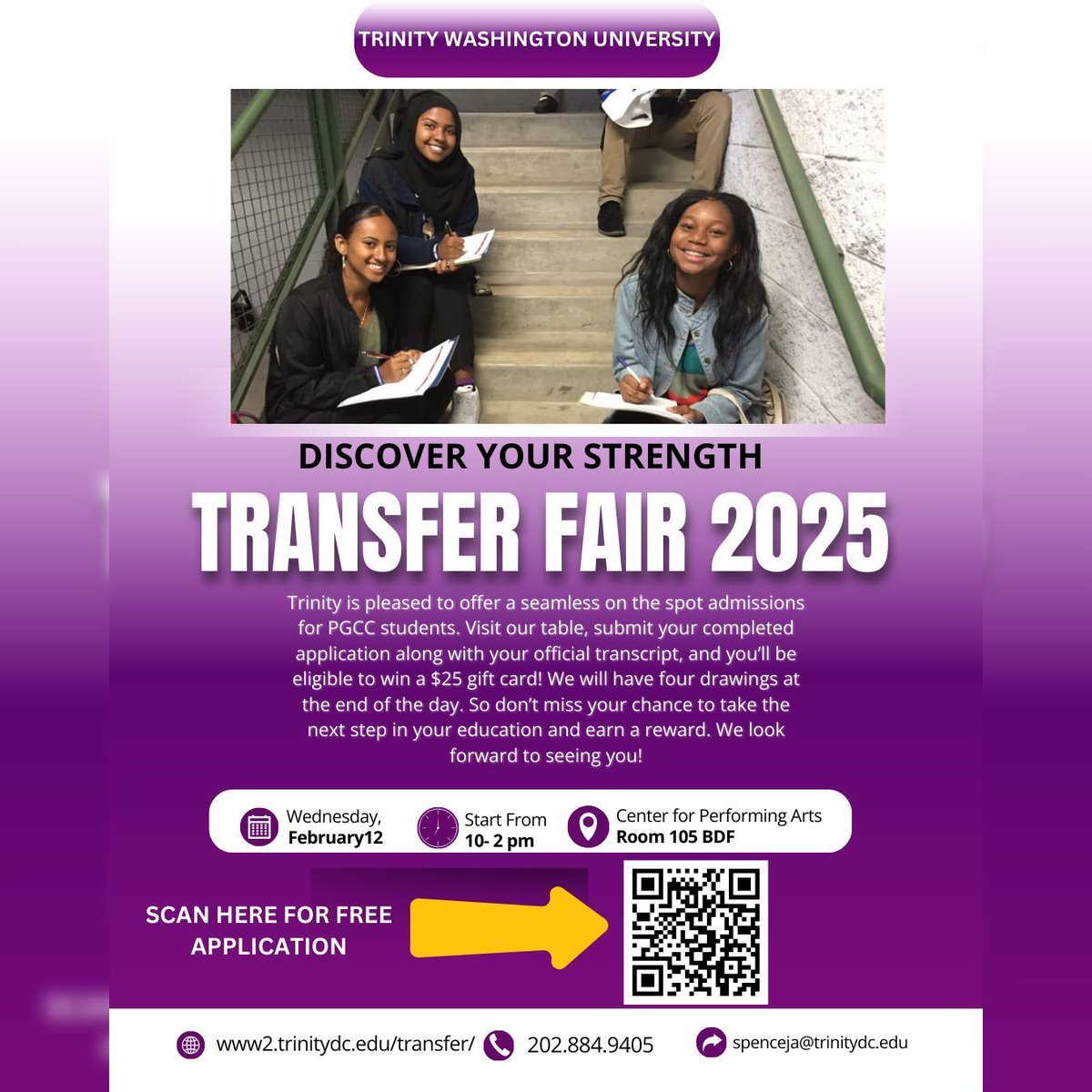 TrinityDC's tweet photo. 🎉 Attention #PGCC students! Enter to win a $25 gift card at our Transfer Fair on Wed, Feb 12, 10am-2pm (Center for Performing Arts, Rm 105 BDF). Bring your application &amp; transcript for instant admissions! #TrinityDC #DiscoverYourStrength @pgccnews
https://t.co/08DprpyZXF https://t.co/nUxPseAMky