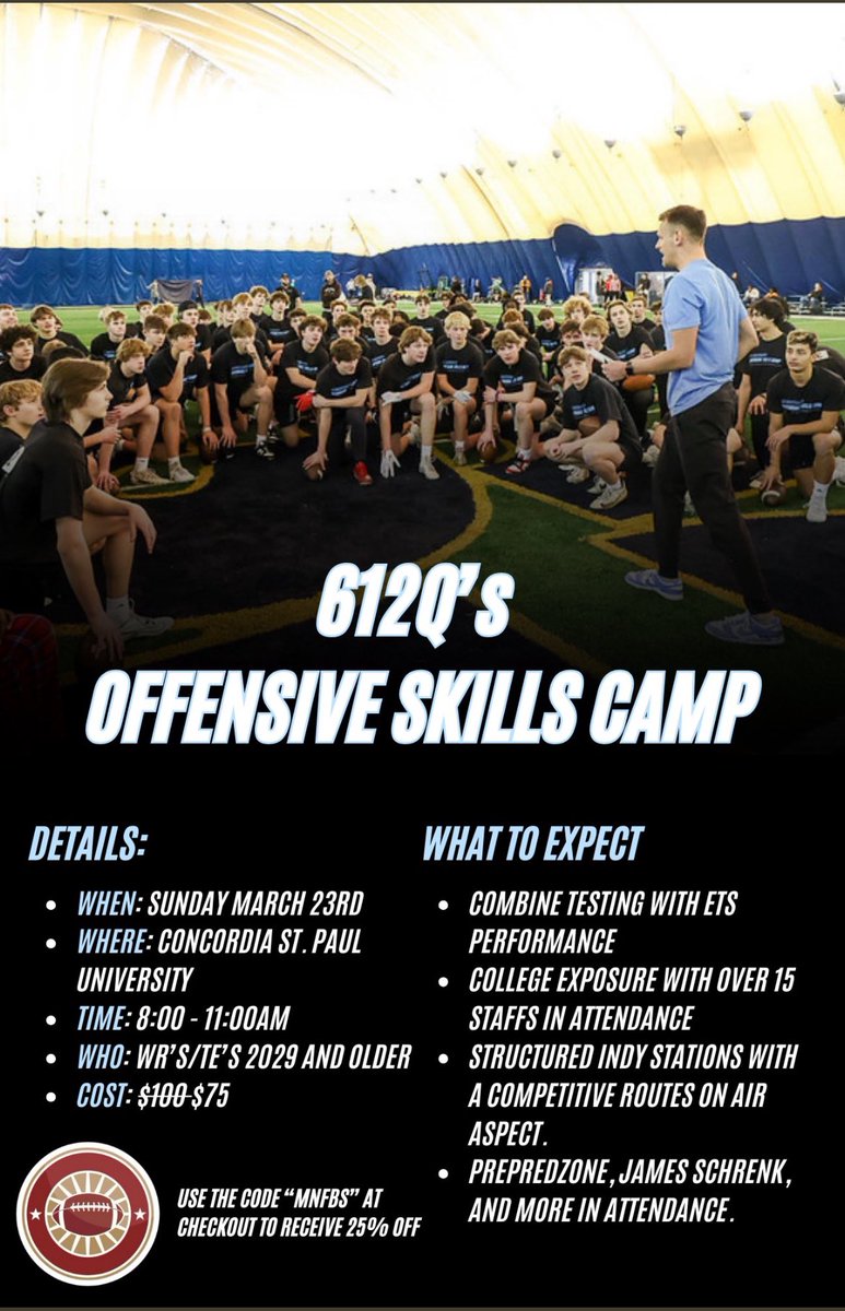 MNFootballSpotlight (@mnfbspotlight) on Twitter photo Attention all pass catchers 🚨🚨
If you’re looking for a great chance to get some exposure and work with some great QBs, you should sign up for 612Qs Offensive Skills camp on March 23rd!!
<a href="/612Qs/">612 Quarterbacks</a>
<a href="/612WRs/">612 Wide Receivers</a> Attention all pass catchers 🚨🚨
If you’re looking for a great chance to get some exposure and work with some great QBs, you should sign up for 612Qs Offensive Skills camp on March 23rd!!
<a href="/612Qs/">612 Quarterbacks</a>
<a href="/612WRs/">612 Wide Receivers</a>