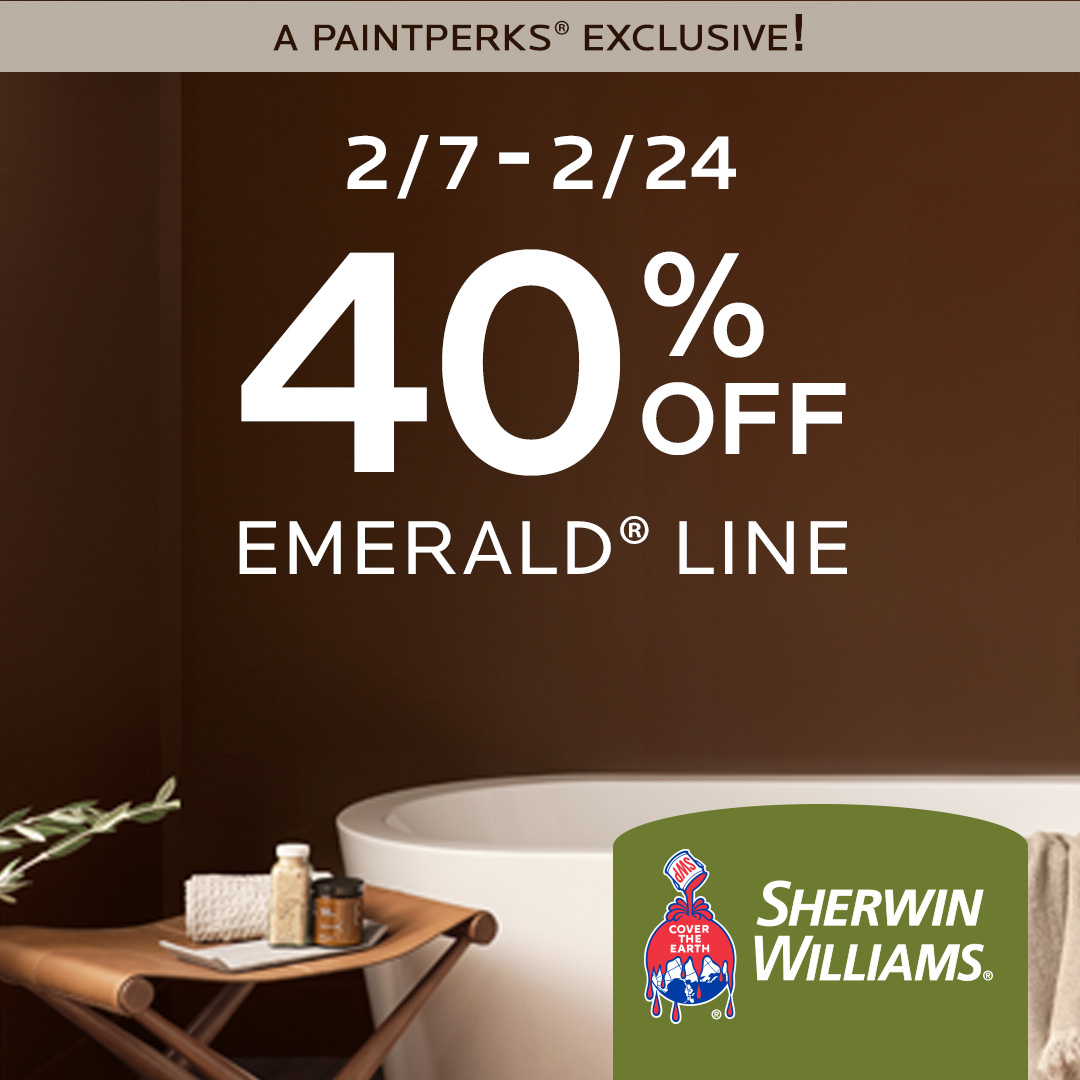 PaintPerks® members only! Shop now for 40% off Emerald® products: bit.ly/4gkDzjn
.
Not a member? Sign up and save: bit.ly/3WJBE0P 
.
Offer valid 2/7/25–2/24/25. Some restrictions apply.