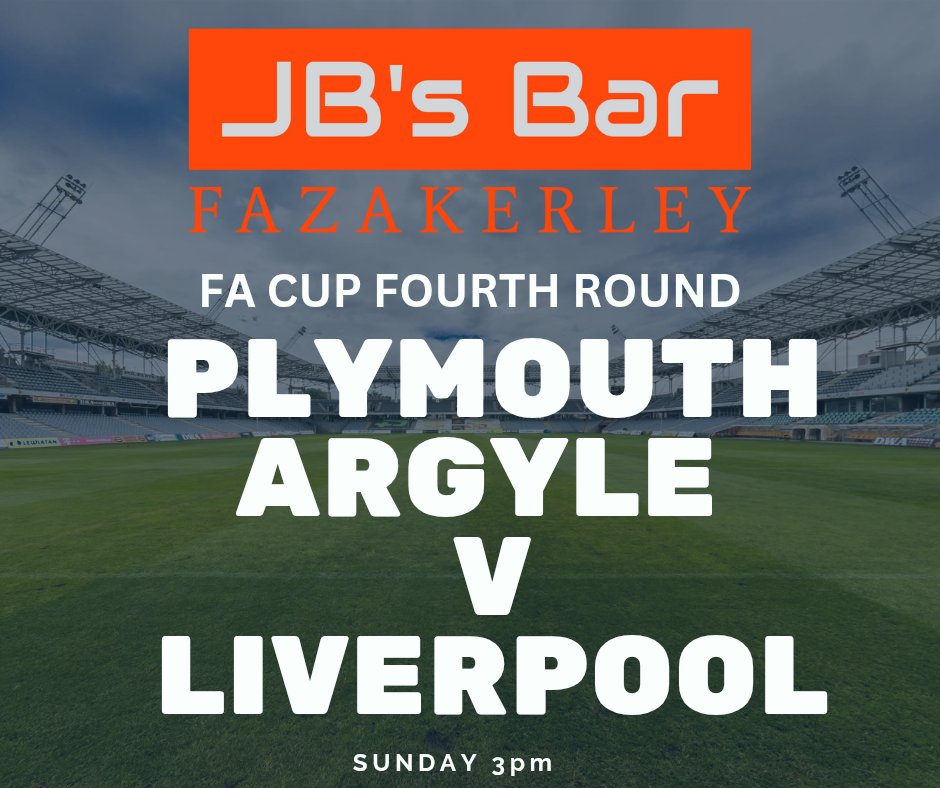 Live FA Cup football, on Sunday, at JB's Bar.

Plymouth Argyle v Liverpool 

KO 3pm

Selected bottled beers 2 for £5 ALL DAY EVERY DAY 

#fazakerley #FACup #supportlocalbusiness