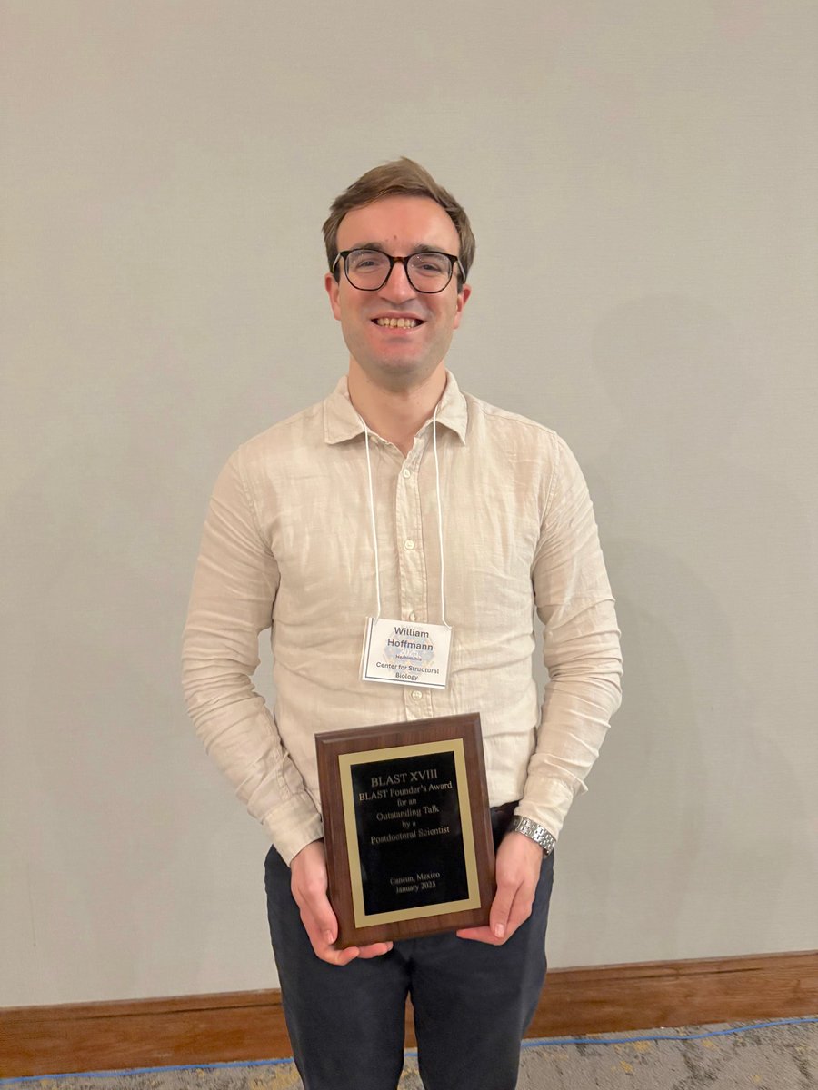 Big congratulations to Dr. William Hoffmann of the Center for Structural Biology for receiving the BLAST Founder’s Award for an Outstanding Talk by a Postdoctoral Scientist! 🏆👏 #blastmeeting2025
