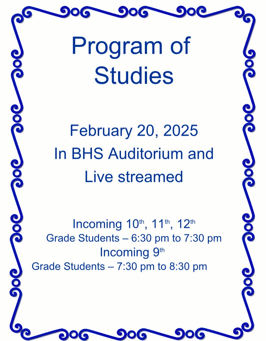belleville_ps's tweet image. X (Twitter) Message:

🎓 BHS Program of Studies Night – Feb. 20, 2025!

📌 6:30 PM: Incoming 10th-12th Grades
📌 7:30 PM: Incoming 9th Grade
📍 BHS Auditorium &amp;amp; Live Streamed.
Plan your path to success! #BHSEducation #CoursePlanning