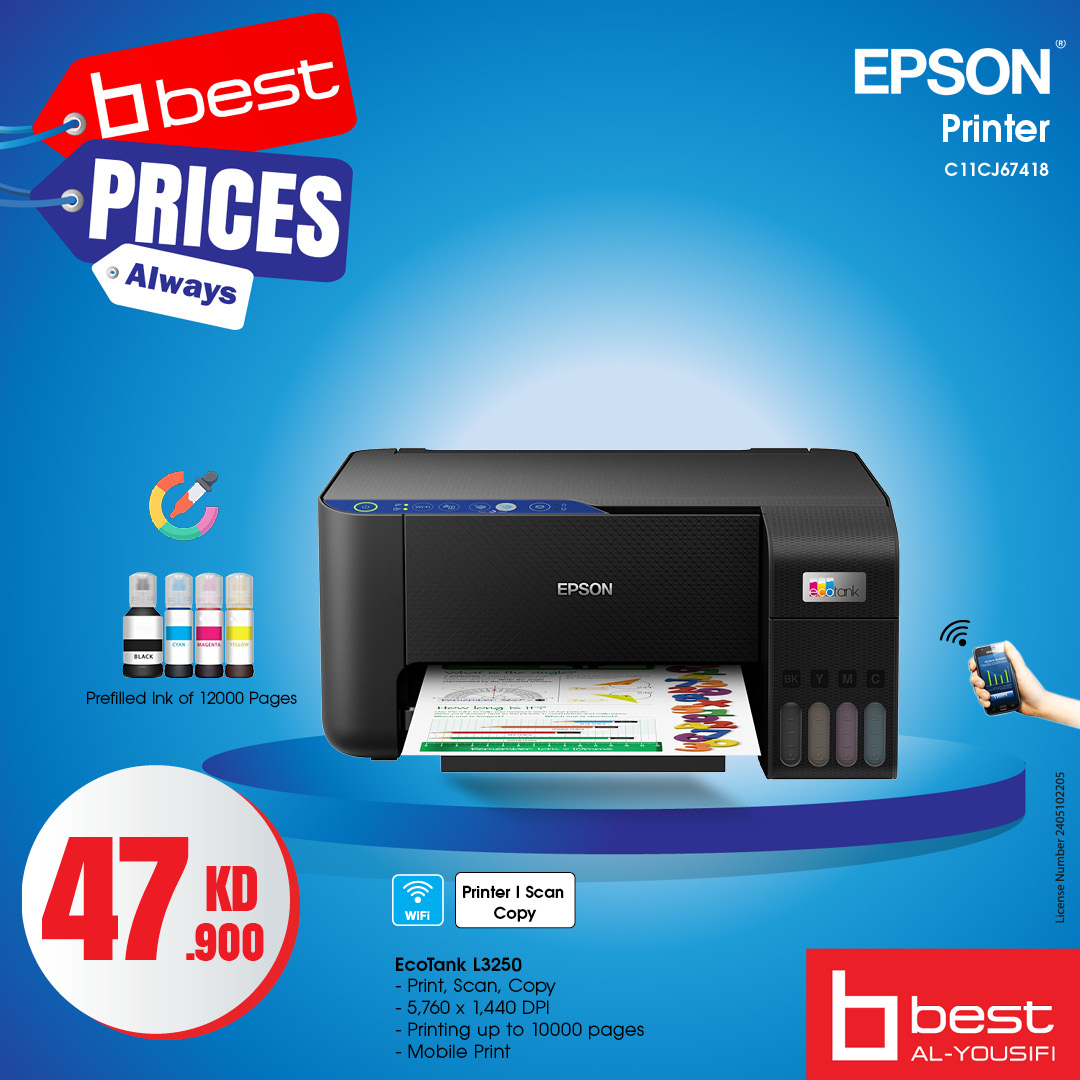 BestAlYousifi's tweet image. طباعة، مسح ضوئي، نسخ، وإرسال فاكس بكل سهولة!🚀 طابعات Epson EcoTank L3252، L3250، L3550، L5590 و L3560 توفر أداء عالي الجودة وفعال من حيث التكلفة – مع واي فاي!📑✨

متوفر أونلاين وفي المعارض.

Order now: ow.ly/AGWz50UVVHw

#Bestalyousifi #EpsonEcoTank #PrintSmart #AllInOne