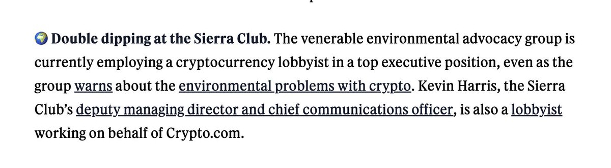 why is a Sierra Club executive ($240k salary) also moonlighting as a crypto lobbyist? 🤔

that's one of several scoops in @levernews new daily newsletter, which you should sign up for!