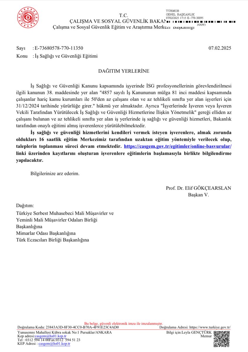 50’den az çalışanı olan ve az tehlikeli sınıfta yer alan İşyerlerinde, İşveren veya İşveren Vekili tarafından yürütülecek İş Sağlığı ve Güvenliği hizmetlerine yönelik alınacak eğitim hakkında duyuru: