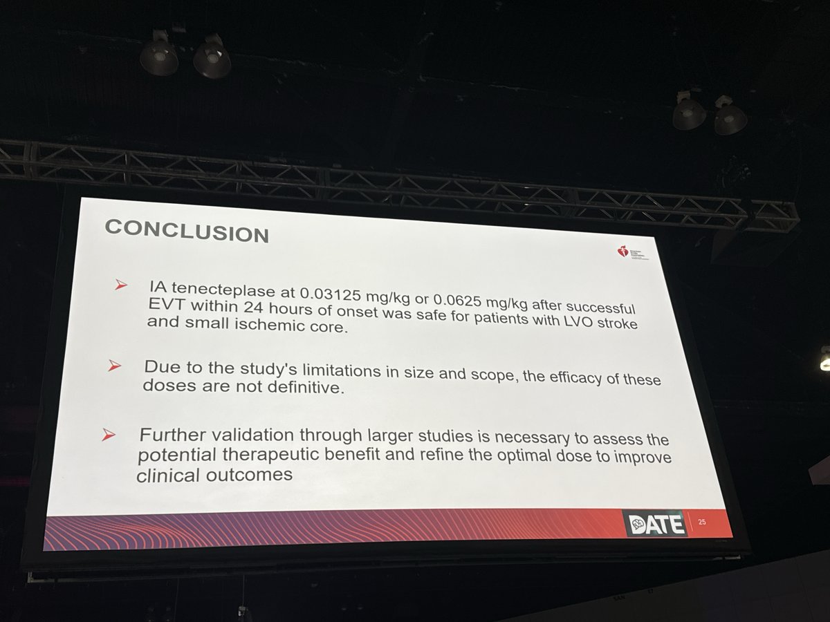 <a href="/NguyenThanhMD/">Thanh Nguyen 🇺🇦</a> presenting at #ISC25 on behalf of the DATE investigators results for dose escalation of adjunct TNK after successful EVT. 0.03125 mg/kg or 0.0625mg/kg dose seems safe. Of note, not test of efficacy.