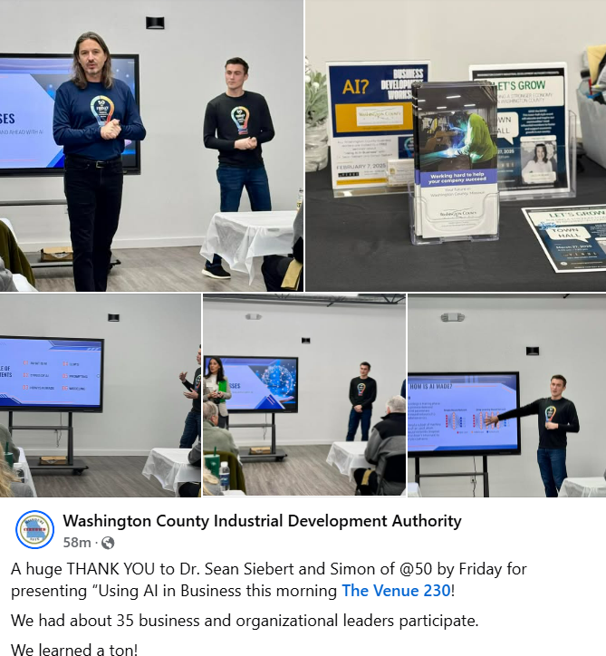 DrSeanSiebert's tweet photo. Just wrapped up an incredible AI for Businesses presentation. It was inspiring to see such a great turnout and engage with business owners, community members, and leaders at all levels of AI experience. We had insightful discussions on how AI can drive innovation and efficiency. https://t.co/98NZlGuyYI