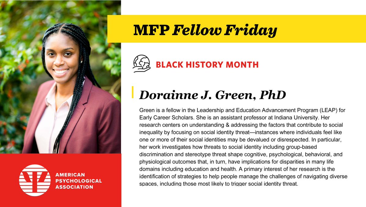 We're celebrating #BlackHistoryMonth by showcasing our amazing fellows for #MFPFamilyFriday. We're recognizing Dr. Dorainne J. Green for her research on social identity &amp; its affects on disparities. Want to make a similar impact? Consider applying to LEAP! ldi.apa.org/programs/leap-…