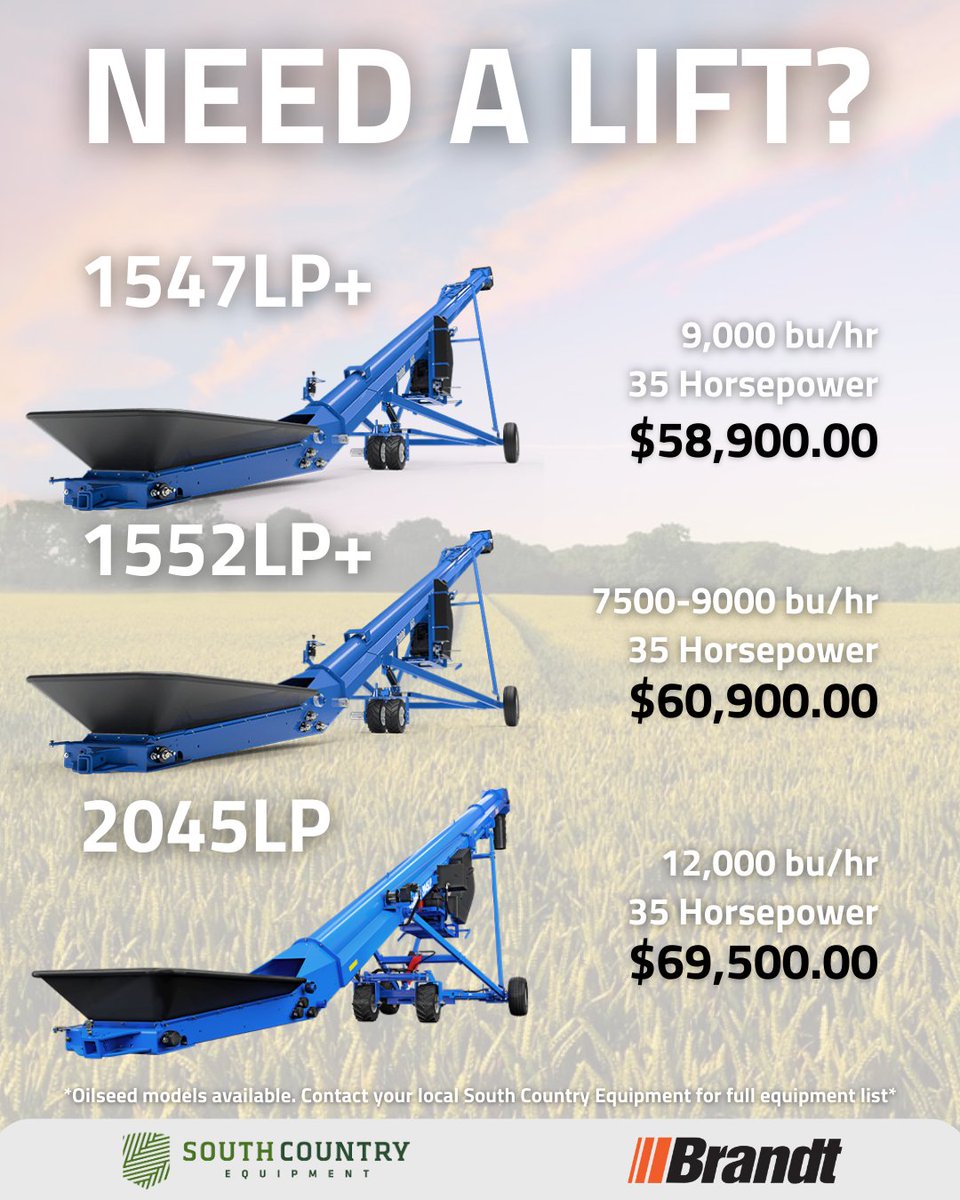 Whether it be moving grain to the truck or from the bin, boost your efficiency and grain quality with the Brandt Field Grainbelt.   

For more details and to see how it can benefit your operation, reach out to your local South Country Equipment sales consultant.