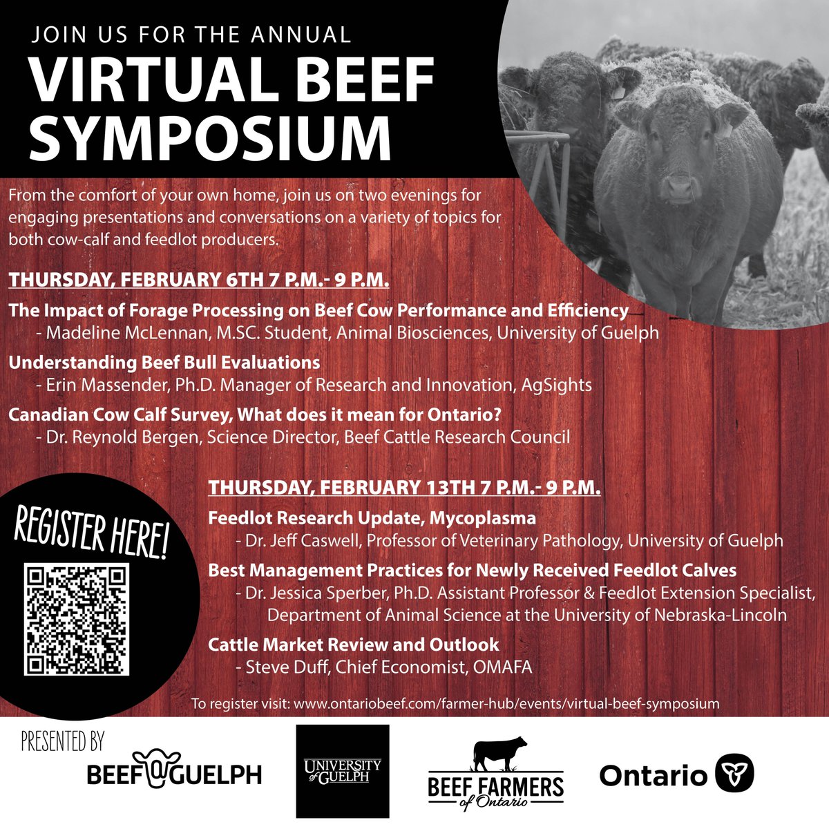 Livestock Research Innovation Corporation (@livestockinnov) on Twitter photo Night Two of the Virtual Beef Symposium is approaching. Learn more about Mycoplasma, feedlot calf BMPs, and the Cattle Market Outlook. <a href="/BeefGuelph/">Beef@Guelph</a> <a href="/BeefFarmersON/">Beef Farmers of Ontario</a> <a href="/uofg/">University of Guelph</a> <a href="/OMAFAinnovates/">OMAFA Research & Innovation</a>
🗓️Thursday February 13th 7-9 PM
🔗Register here: us06web.zoom.us/meeting/regist… Night Two of the Virtual Beef Symposium is approaching. Learn more about Mycoplasma, feedlot calf BMPs, and the Cattle Market Outlook. <a href="/BeefGuelph/">Beef@Guelph</a> <a href="/BeefFarmersON/">Beef Farmers of Ontario</a> <a href="/uofg/">University of Guelph</a> <a href="/OMAFAinnovates/">OMAFA Research & Innovation</a>
🗓️Thursday February 13th 7-9 PM
🔗Register here: us06web.zoom.us/meeting/regist…