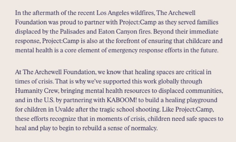 DBrown99944's tweet photo. '#ArchewellFoundation partners with Project:Camp, an org that ensures that youth have a safe space to heal and process, while also giving parents and caregivers the time to rebuild and plan for what comes next.'

#ProjectCamp #HarryandMeghan 
https://t.co/U8YYAUirDw https://t.co/gykrbpHSGY