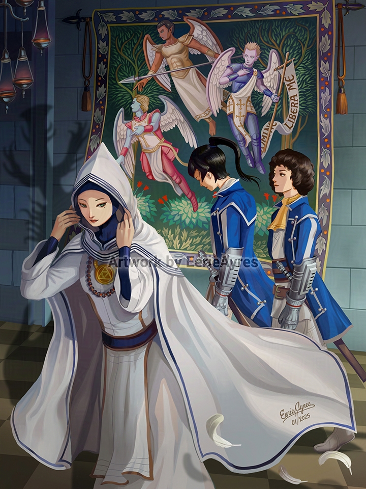 Covert mentor. Flynn and Jonathan passing by Sister Gabby and an innocuous medieval tapestry of the Archangels...

#ShinMegamiTensei #AtlusFaithful
#SMT4 #SMTIV #真・女神転生
