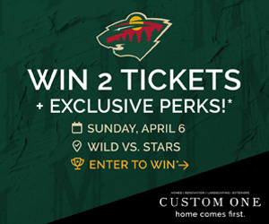 CUSTOM ONE - ENTER TO WIN
  
When: April 6 
Time: 2:00 PM  
Opponent: Dallas

Winner Gets:

-Lower-level tickets (2)
-Two <a href="/customonemn/">customonemn</a> Club passes 
-Two Zamboni rides 
-Pre-game arena tour and viewing of warmups 
-Autographed Wild merch  

Enter: bit.ly/3WCWtuN