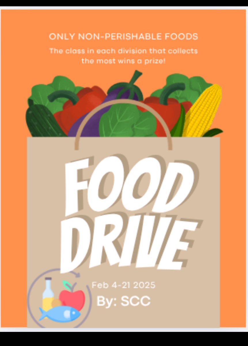 Food Bank Donations February 4-21st: We are challenging all classes to collect non-perishable food items. We will be collecting canned foods, boxed meals, and sealed packages of food. Every donation helps feed families in need. So let's show how generous and caring our school is!