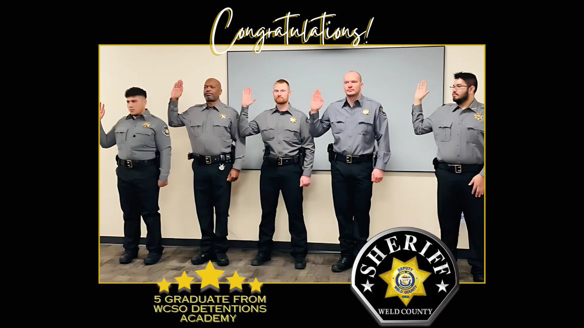 WeldSheriff's tweet photo. WCSO welcomes 5 new detentions graduates

Friends and family came together today to celebrate the addition of 5 new graduates from the detention’s academy to our team. Let's extend our best wishes to them as they begin their new career paths!
#JoinOurTeam #JoinWCSO