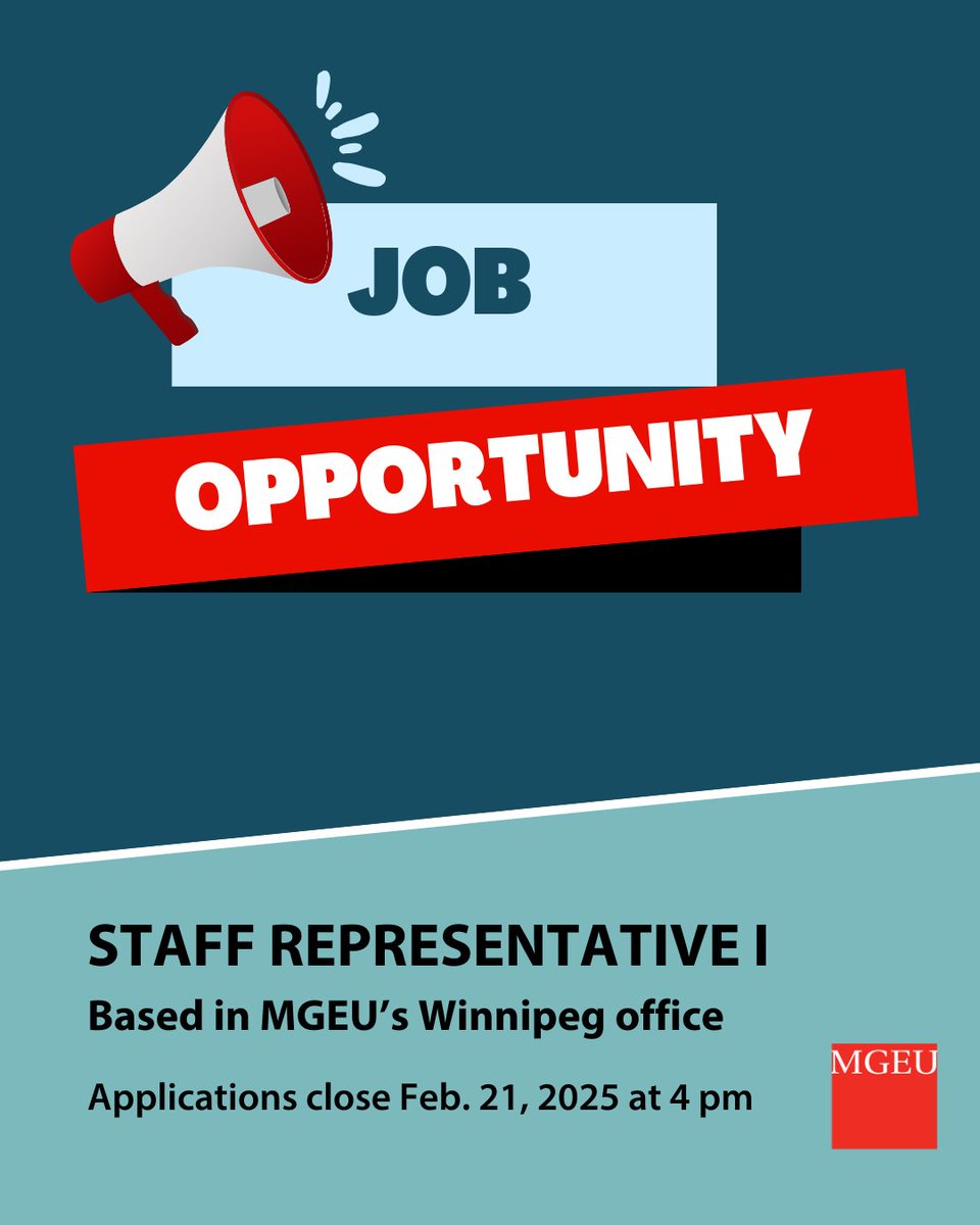 We're hiring a Staff Representative I!
This is is a complex and responsible position where the incumbent administers and enforces collective agreements on behalf of the membership of the MGEU.
View position details: mgeu.ca/about/join-us/… Apply by Feb. 21, 2024 <a href="/4pm/">4pm</a>