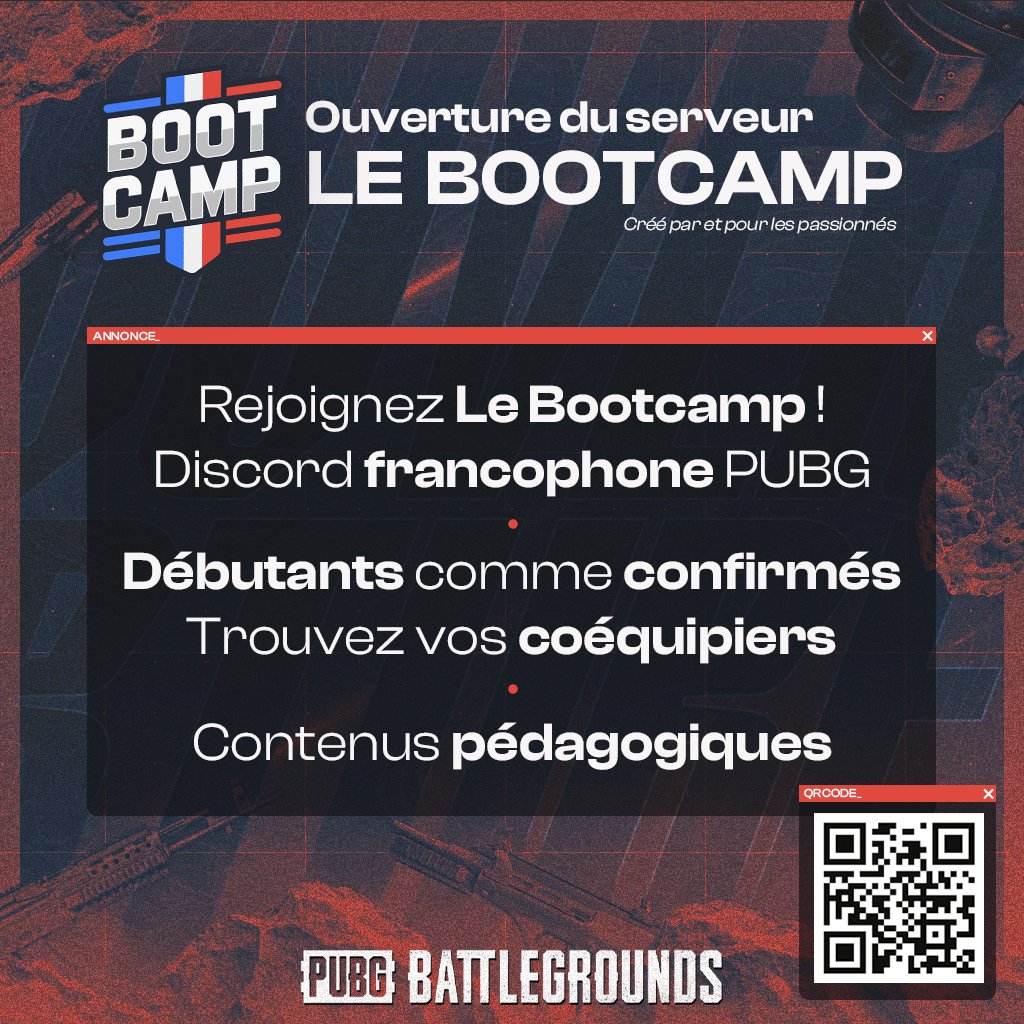 Un nouveau projet créé par des passionnés !  
Mes gamers de PUBG, ça se passe sur le Bootcamp en 2025. Rejoignez un Discord bienveillant, axé sur le partage et la progression ! 
Vous êtes tous les bienvenus : discord.gg/VyvZvfdT6M