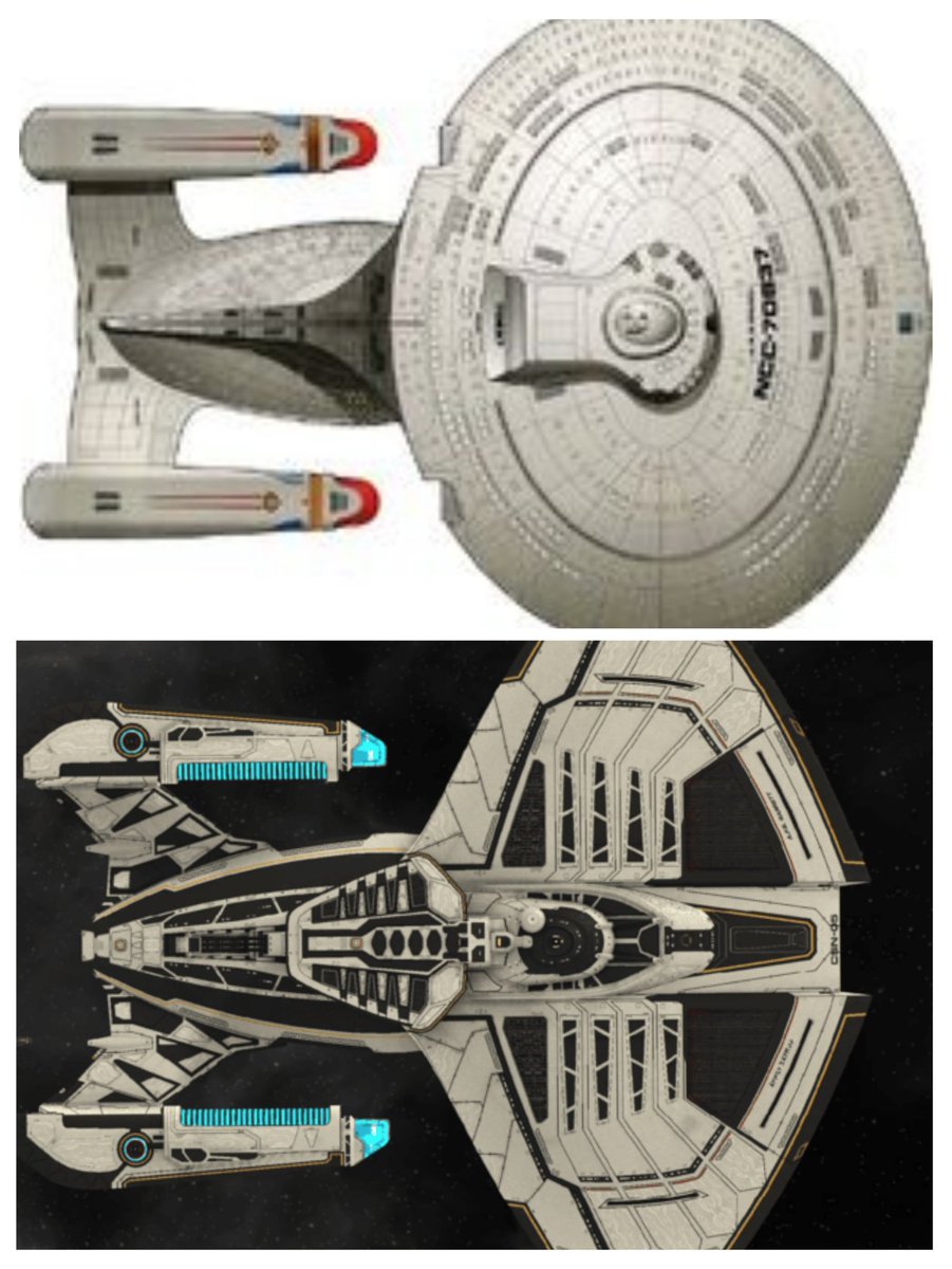 DatBoiTiggy's tweet photo. @jetnova16 @trekonlinegame Fed half is galaxy. Hull and saucer are more oval rather than plain circular. Nacelles silhouette also represent a galaxy class rather than the ambassador. https://t.co/MLlhoP7O8V