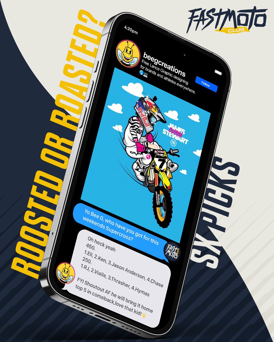 FastMotoFantasy's tweet photo. Roosted or Roasted? Moto illustrator, Bee G Creations, has put down his pencil and joined us this week with some solid picks for Round 5, East Coast Tampa Supercross... What riders would you add to his list? We are loving seeing Ken up in second!
#SupercrossFantasy #FastMoto #FastMotoFantasy #SMX #Supercross #BeeGCreations