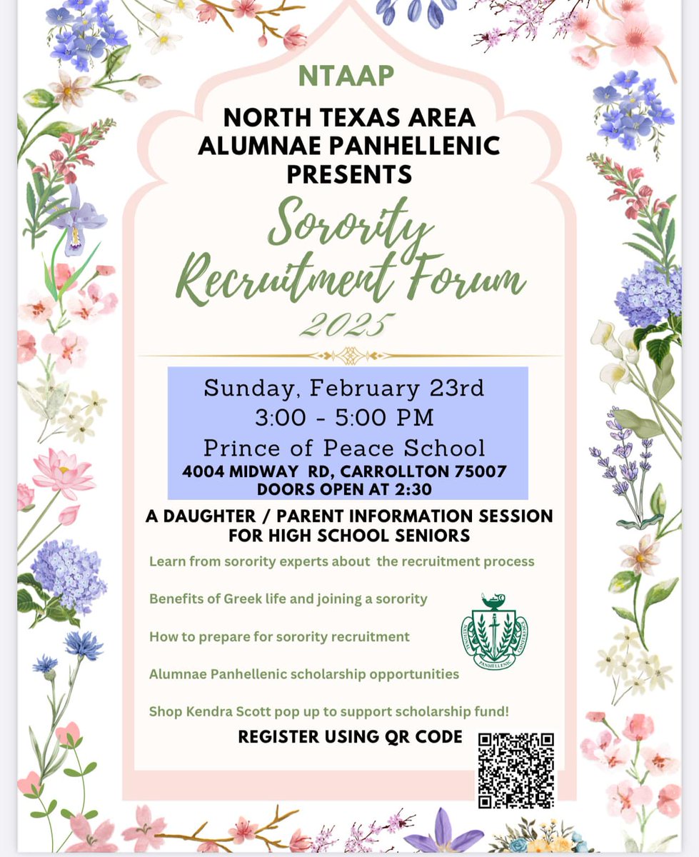 Have questions about joining a sorority after high school? Attend the North Texas Area Alumnae Panhellenic Sorority Forum on Feb. 23 to learn about the recruitment process, benefits of joining a sorority and for information on scholarship opportunities.