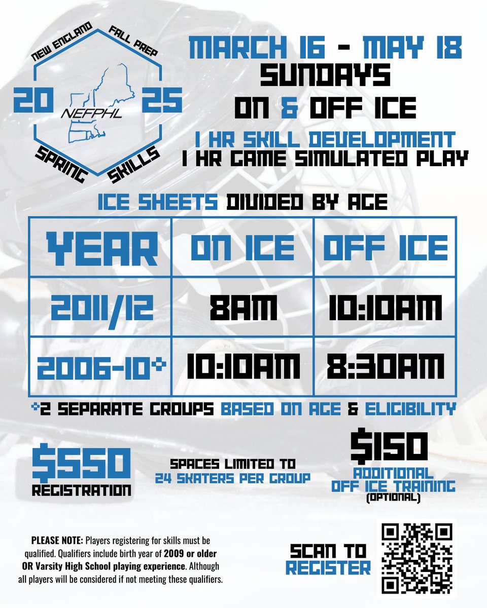 Spring Skills Begins March 16!

Secure your spot today and take part in some of the best training New England hockey has to offer.

nefphl.org/spring-skills