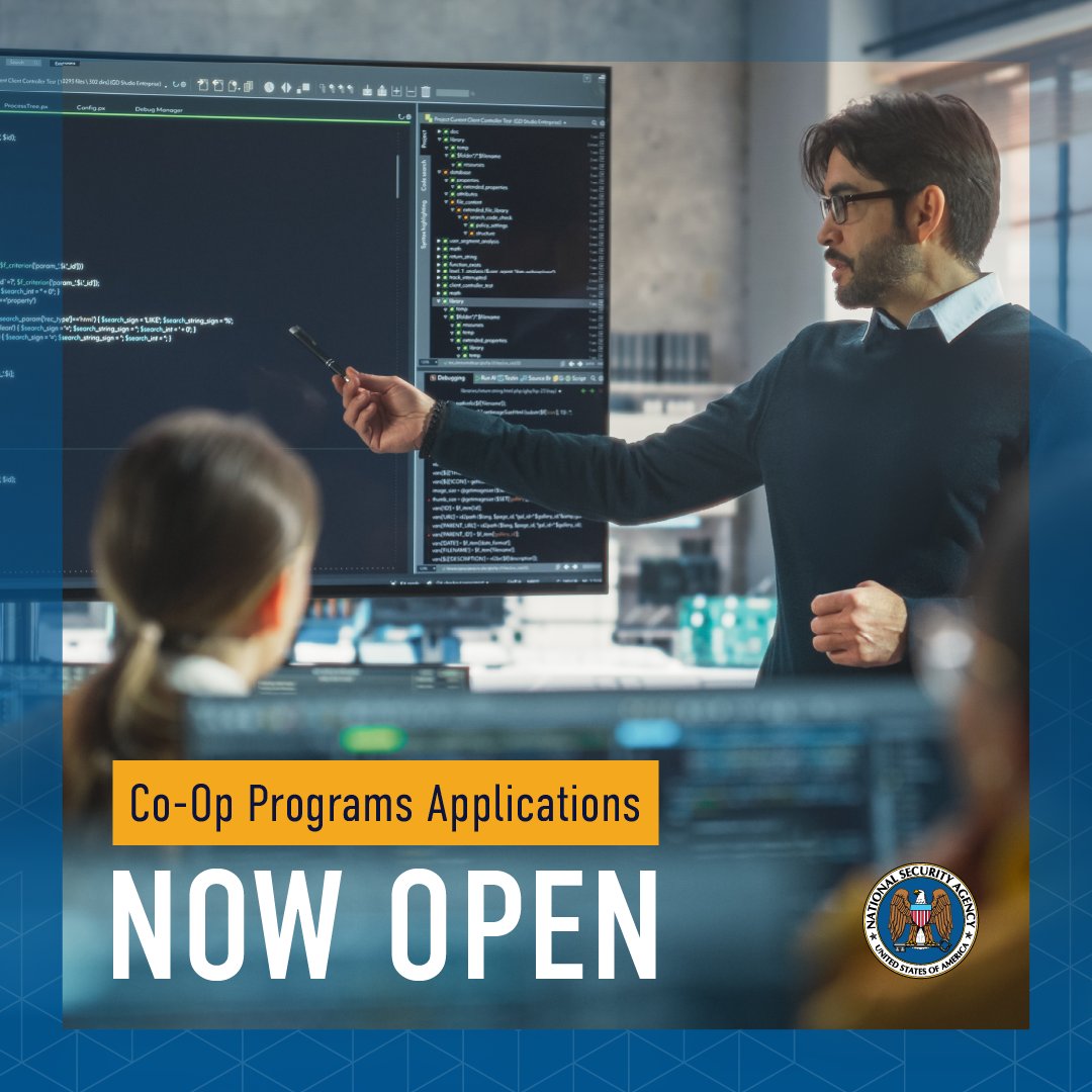 NSAGov's tweet image. Don’t miss an opportunity to learn from technical and language analysis experts at NSA over multiple semesters. Apply now for the Co-Op Program! bit.ly/2RitZ6H