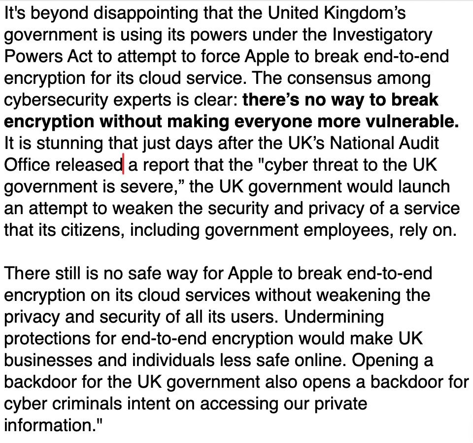 We are exceedingly disappointed to hear the UK has secretly ordered Apple to let it spy on all users’ encrypted accounts. The following can be attributed to Robin Wilton, Senior Director of Internet Trust: