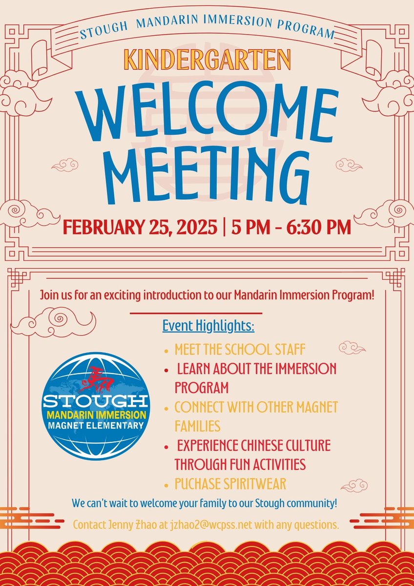 Stough Magnet Elementary School (@stoughstallions) on Twitter photo ๐ Join us for Stoughโs Welcome Meeting for Rising Kindergarten Immersion Families on Feb 25th, 5-6:30 PM! ๐ Connect with immersion families, meet staff, and celebrate Chinese culture! ๐ซ Questions? Reach out to Jenny Zhao at jzhao2@wcpss.net. See you there! # StoughStallions ๐ Join us for Stoughโs Welcome Meeting for Rising Kindergarten Immersion Families on Feb 25th, 5-6:30 PM! ๐ Connect with immersion families, meet staff, and celebrate Chinese culture! ๐ซ Questions? Reach out to Jenny Zhao at jzhao2@wcpss.net. See you there! # StoughStallions