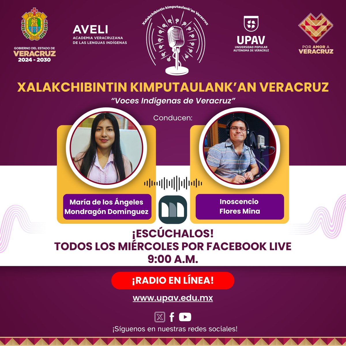 AVELIgobmx's tweet photo. ¡Sintoniza Xalakchibintin Kimputaulank’an Veracruz: Voces Indígenas de Veracruz! 🗣📷 Una coproducción de la @AVELIgobmx y la @upav_edu

Escúchalo todos los Miércoles a las 9:00 h por UPAV Multimedia, Facebook Live y en línea 📷https://t.co/QKXurQDEcu

#VocesIndígenas #AVELI https://t.co/isiwHk9p25
