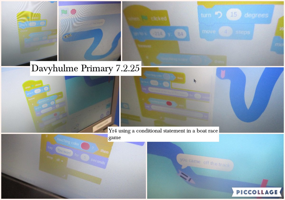 Today, Yr4 were using a conditional statement in a boat race game, to display a message and return the sprite to the start <a href="/DavyhulmePS/">Davyhulme Primary</a>