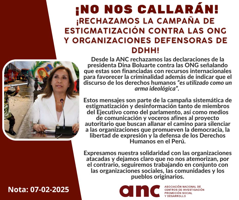 Desde la ANC, rechazamos las agresiones hacia las ONG que defienden los derechos humanos. ¡Solidaridad con el movimiento Manuela Ramos!