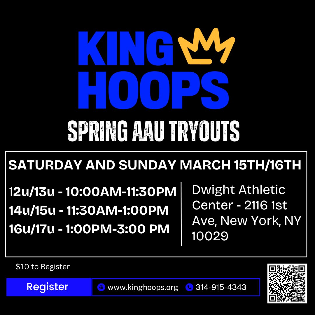 Tryouts. We are Finally Back. 

🗓️: Saturday and Sunday March 15th and 16th
📍 : Dwight Athletic Center (2116 1st Ave, New York, NY 10029)
🏀: Tryouts 12u-17u (6th-12th Grade) 
🔗: Register  kinghoops.org

 Email josh@kinghoops.org with any questions.