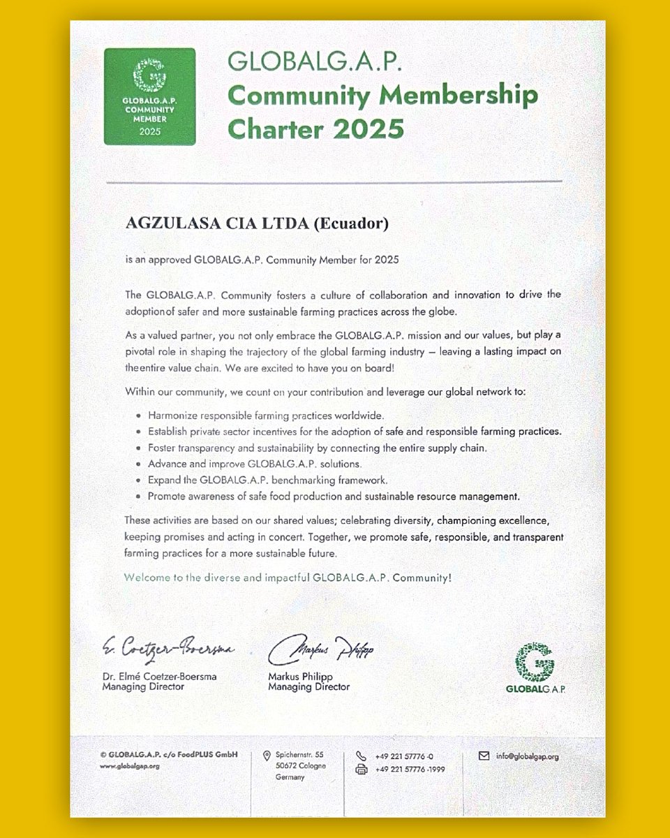 🌍🍌 ¡Somos parte de la comunidad GLOBALG.A.P. 2025! 🍌🌍

En Agzulasa reafirmamos nuestro compromiso con la excelencia, la sostenibilidad y las mejores prácticas agrícolas. 
#Agzulasa #GLOBALGAP #Sostenibilidad #CalidadQueTraspasaFronteras #WeFeedThePlanet