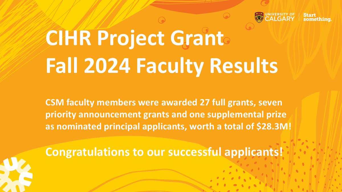 UCalgaryMedicine (@ucalgarymed) on Twitter photo šš½ Big applause to the many Cumming School of Medicine faculty members awarded Fall 2024 CIHR Project Grants, including 27 full grants, worth a total of $28.3M! Congrats to all successful applicants! Read the full results here: bit.ly/3Qb33oC <a href="/CIHR_IRSC/">CIHR</a> <a href="/SnyderInstitute/">Snyder Institute for Chronic Diseases</a> šš½ Big applause to the many Cumming School of Medicine faculty members awarded Fall 2024 CIHR Project Grants, including 27 full grants, worth a total of $28.3M! Congrats to all successful applicants! Read the full results here: bit.ly/3Qb33oC <a href="/CIHR_IRSC/">CIHR</a> <a href="/SnyderInstitute/">Snyder Institute for Chronic Diseases</a>