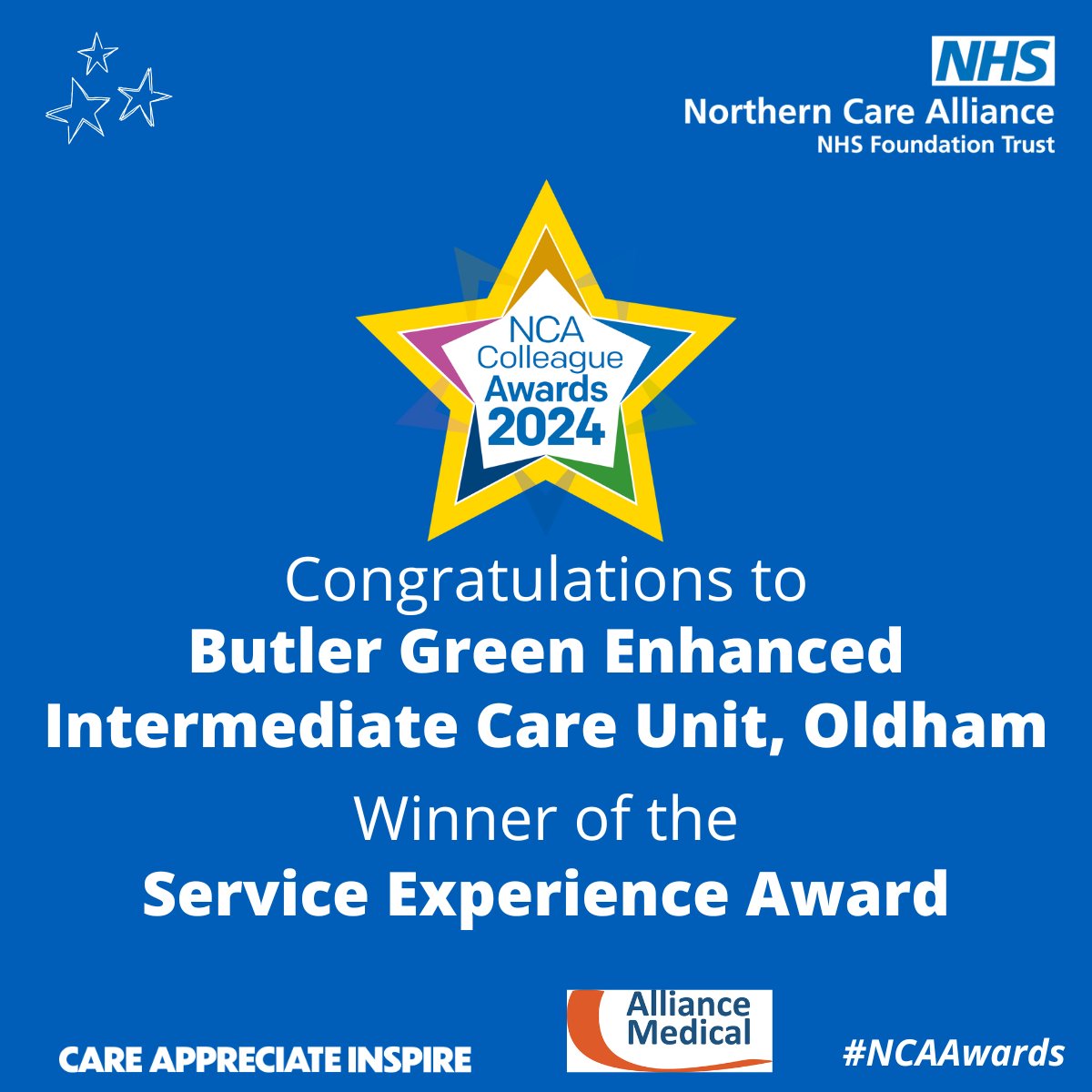 Our first award of the evening is the Service Experience Award. The winner of this award continually receives feedback on the fantastic care they provide for our patients.

The winner is Butler Green Enhanced Intermediate Care Unit in Oldham. #NCAAwards