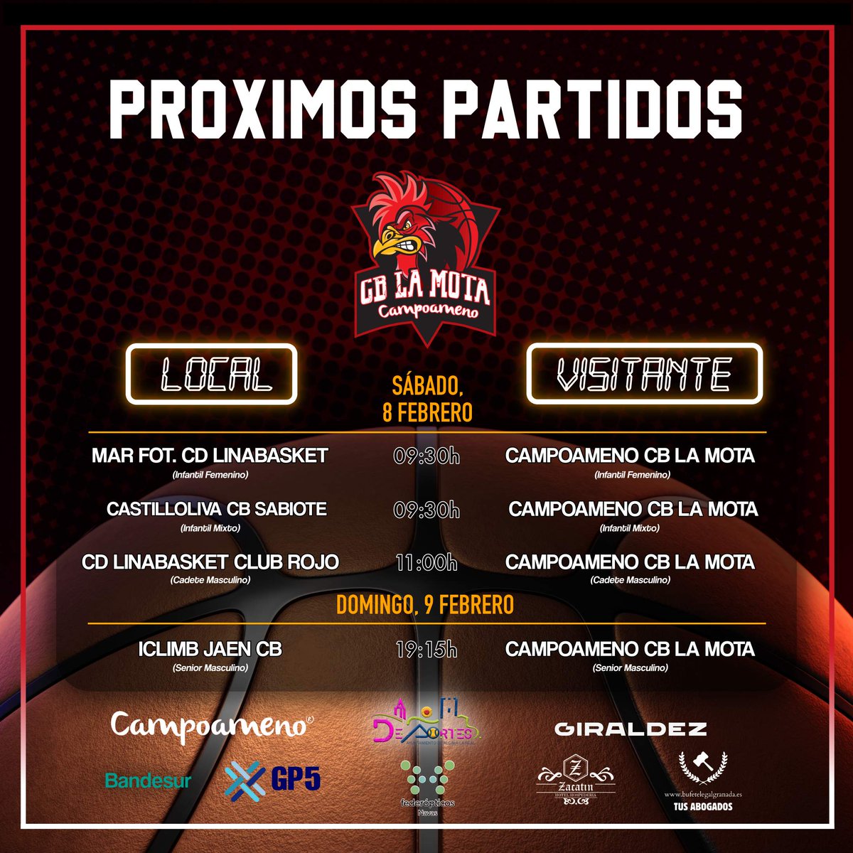 🏀 ¡Agárrate porque vienen canastas y emociones fuertes! Este 𝗳𝗶𝗻 𝗱𝗲 𝘀𝗲𝗺𝗮𝗻𝗮, nuestros equipos juegan 𝗳𝘂𝗲𝗿𝗮 de 𝗰𝗮𝘀𝗮. Éstos son los 𝗛𝗢𝗥𝗔𝗥𝗜𝗢𝗦 de nuestros partidos! 🔥✨
.
#CBLaMota #Baloncesto #AlcalaLaReal #Andalucia #Basket