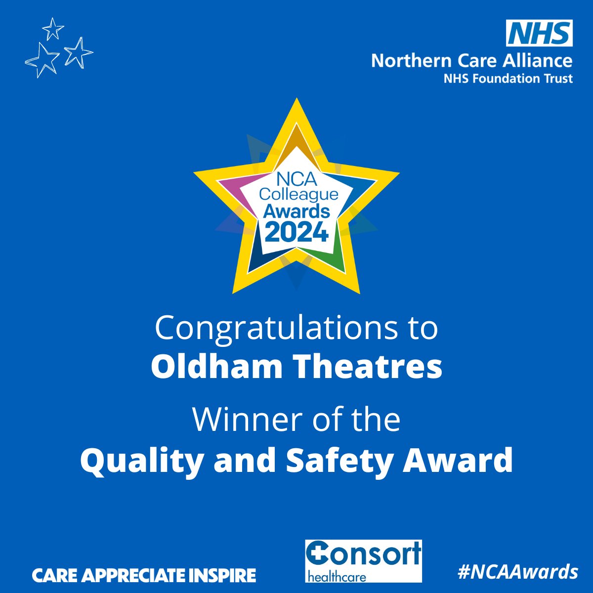 The next award is the Quality and Safety Award. The winner has demonstrated an unwavering commitment to excellence transforming how they work to achieve top marks in their assessments.

The winner is Oldham Theatres. #NCAAwards