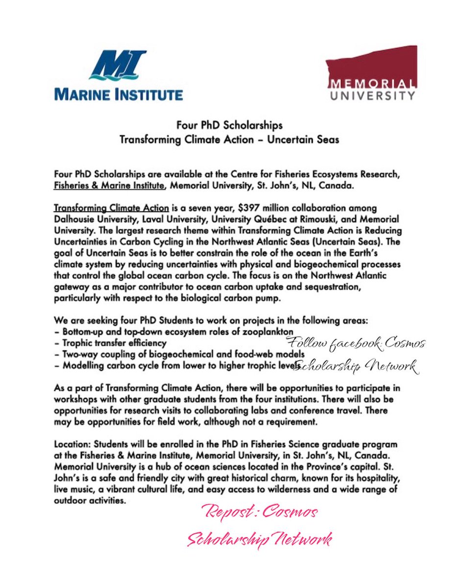 ObengCosmos's tweet photo. 4 PhD scholarships are available with #CFER!! Under the Transformation Climate Action program, we are seeking 4 PhD Students to work on projects in the following areas at Memorial University of Newfoundland , Canada :
– Bottom-up and top-down ecosystem roles of zooplankton
– Trophic transfer efficiency
– Two-way coupling of biogeochemical and food-web models
– Modelling carbon cycle from lower to higher trophic levels
Fisheries and Marine Institute of Memorial University of Newfoundland Cold Oceans & Northern at Memorial University Memorial University, Newfoundland and Labrador
#graduatestudies #fisheriesscience #climateaction #climateresearch