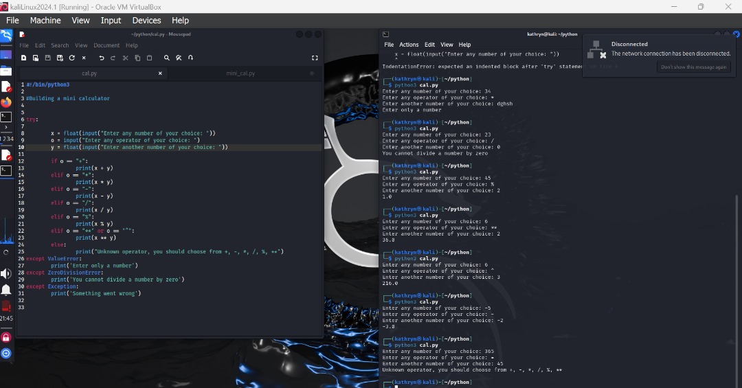 Catherine Ozioma (@cyber_rine) on Twitter photo Day 19-26
#365daysofcoding
Exception handling in python.
Exceptions are events detected during execution that may affect the flow of program.
I redid my previous simple calc project to handle exceptions.
<a href="/Adanna_techie/">Adanna</a> <a href="/nnorom_uchechi/">Uchechi Nnorom</a> <a href="/Queenicea17/">Cyber Caramel_Choco🍫</a> Day 19-26
#365daysofcoding
Exception handling in python.
Exceptions are events detected during execution that may affect the flow of program.
I redid my previous simple calc project to handle exceptions.
<a href="/Adanna_techie/">Adanna</a> <a href="/nnorom_uchechi/">Uchechi Nnorom</a> <a href="/Queenicea17/">Cyber Caramel_Choco🍫</a>