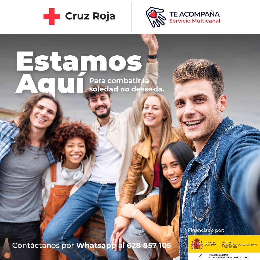 <a href="/CRTeAcompana/">Cruz Roja Te Acompaña</a> es un servicio multicanal de información, orientación y acompañamiento frente a la soledad no deseada. Nuestra misión es reducir el aislamiento y la soledad de las personas que lo necesitan.

📩 teacompana@cruzroja.es
📞 900 444 111
WhatsApp 628 85 71 05