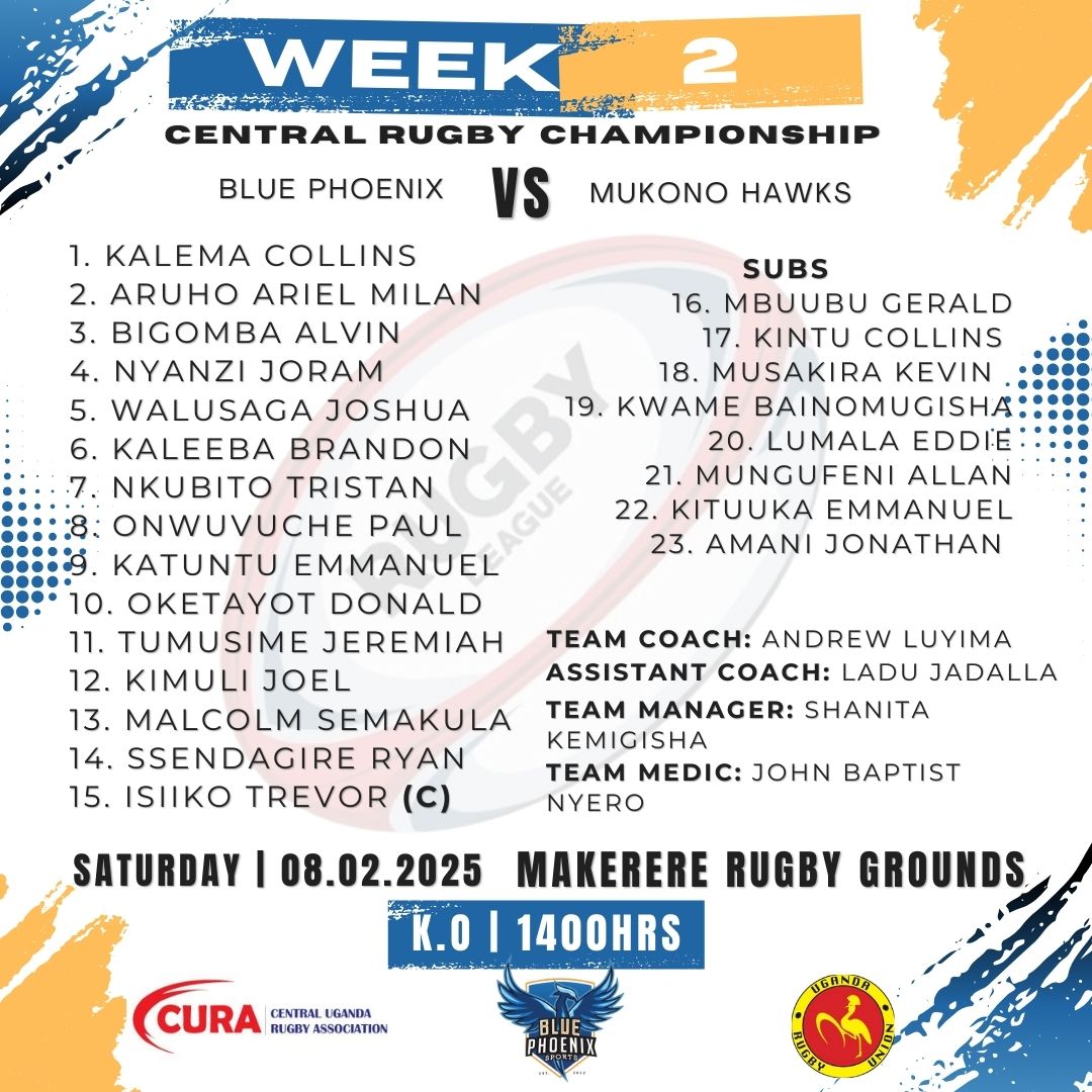 🏉MATCH DAY SQUAD 🔥 Here's our team to face the Mukono Hawks in the Central Rugby Championship!  <a href="/andekalali/">ande</a> is our Head Coach for the day, and @dinhajer is his № 2. 

#BluePhoenixRugby
 #CentralRugbyChampionship2025
#WeAlwaysRise 
#Motoooo
🔥🔥🔥🔥🔥🔥🔥🔥